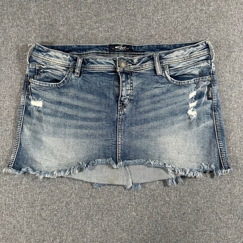 Silver Jeans Co Francy Mini Denim Skirt W12 Blue Distressed Frayed Y2K Womens